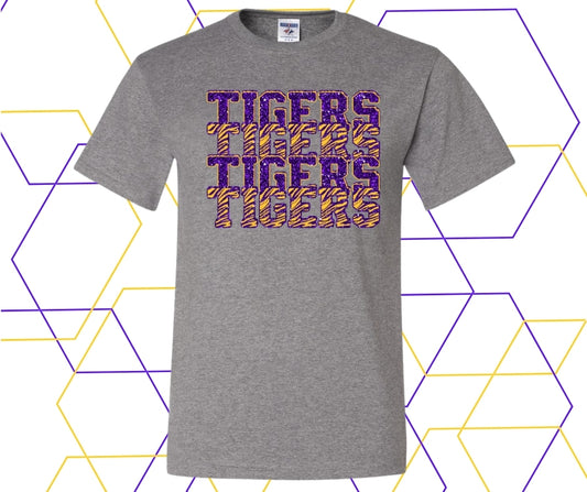 Tigers Deep Purple/Gold Faux Glitter Stacked Graphic Tee