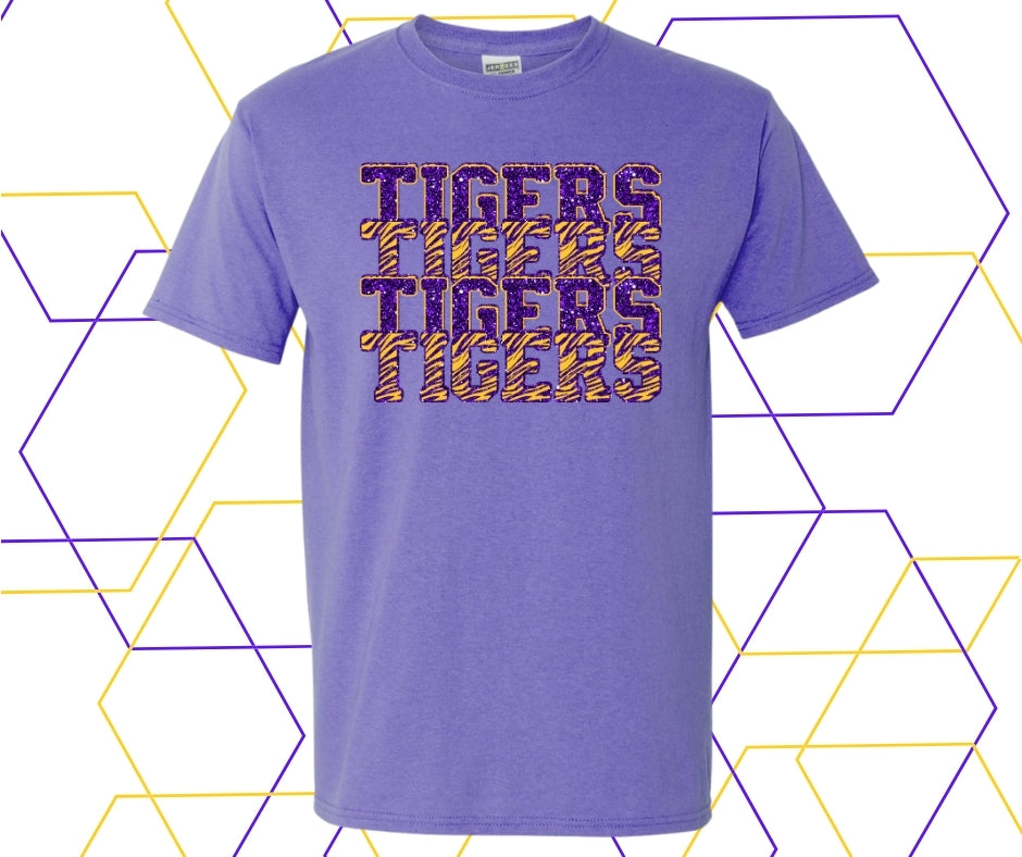Tigers Deep Purple/Gold Faux Glitter Stacked Graphic Tee