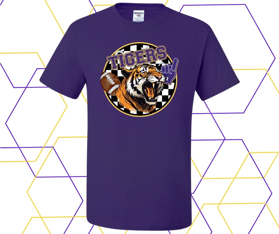Purple/Gold Tigers Football Checkered Background Graphic Tee