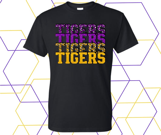 Tigers Purple/Gold Faux Glitter Stacked Graphic Tee