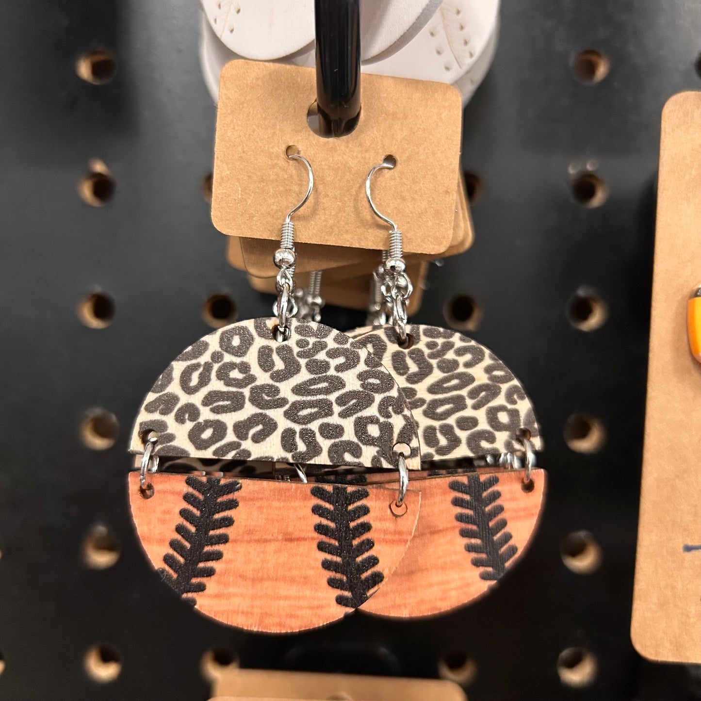Wooden Leopard Baseball earrings