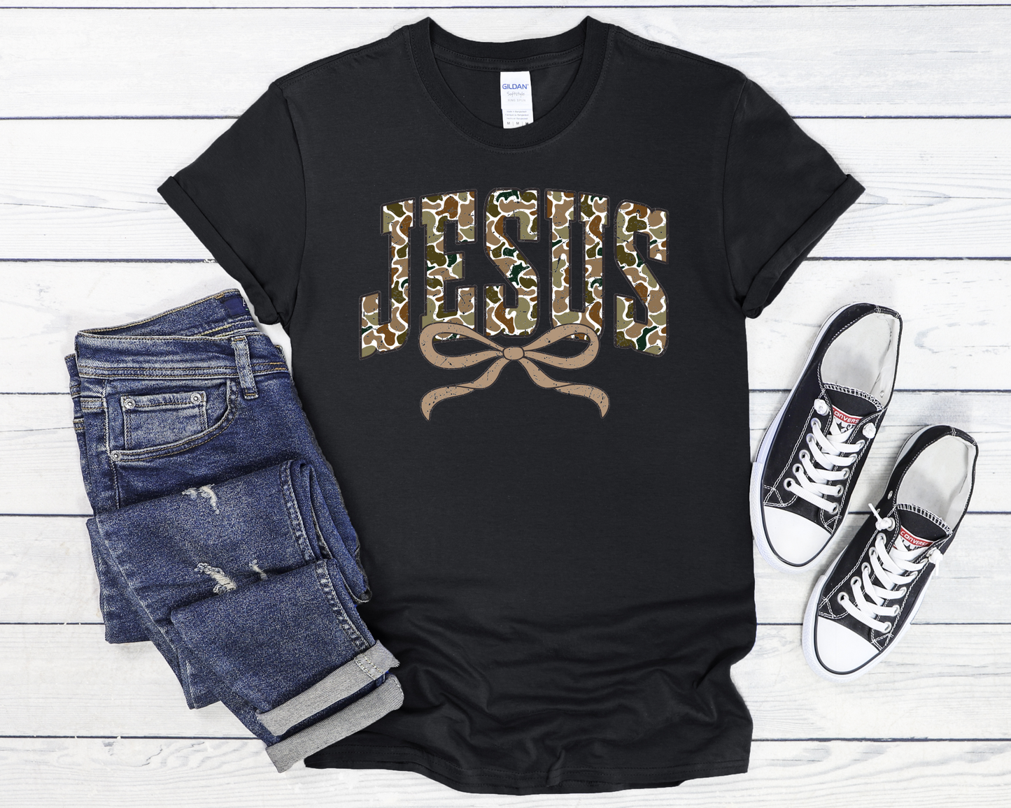 Jesus Distressed Camo Coquette