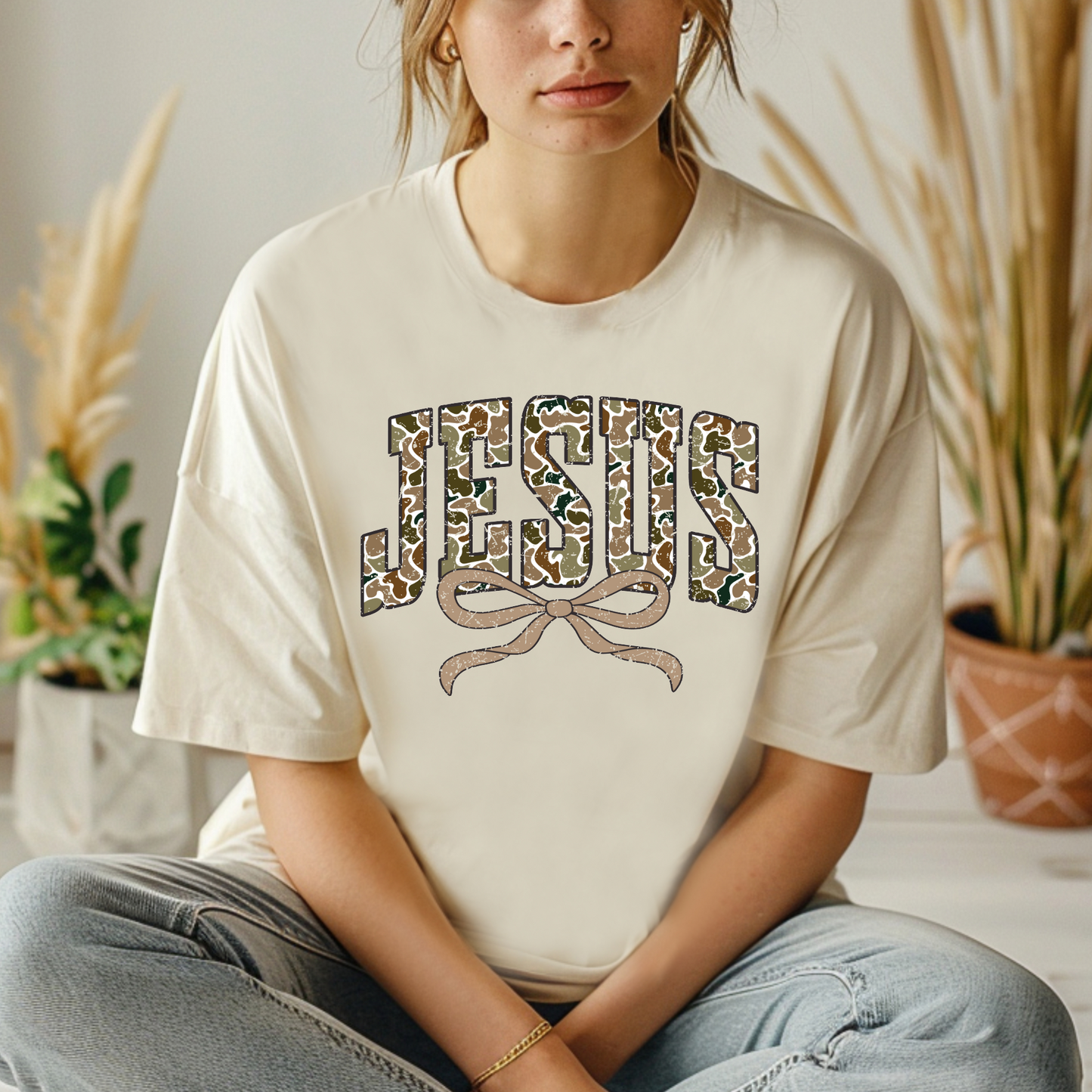 Jesus Distressed Camo Coquette