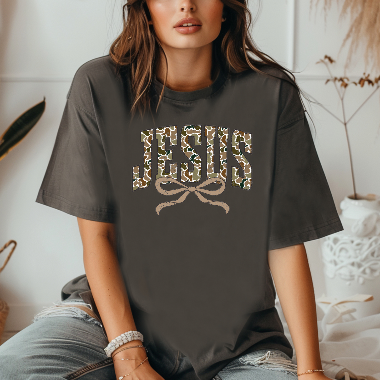 Jesus Distressed Camo Coquette