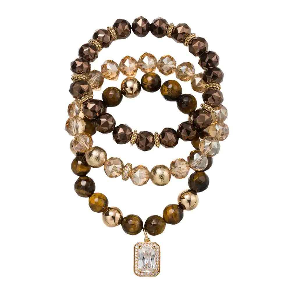 Set of 3 Agate, Faceted Beaded Bracelet w/ Clear Crystal Cha