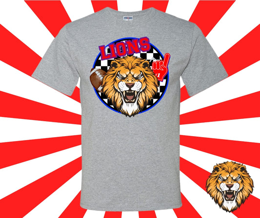 Lions Football Mascot Checkered Background Graphic Tee