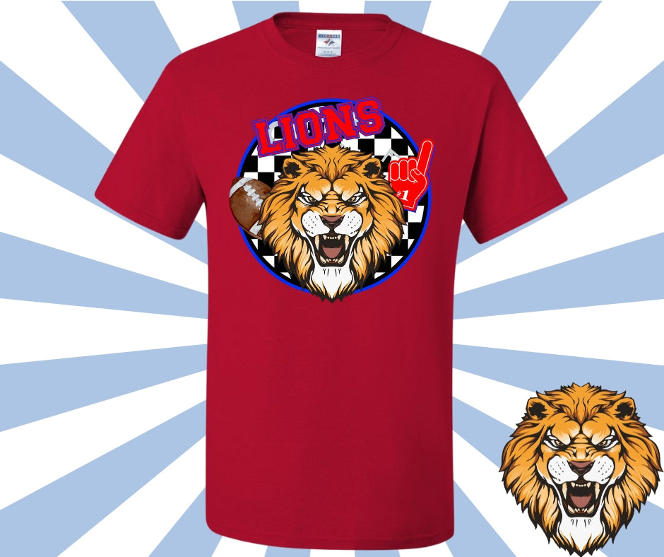 Lions Football Mascot Checkered Background Graphic Tee