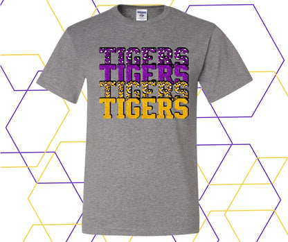 Tigers Purple/Gold Faux Glitter Stacked Graphic Tee