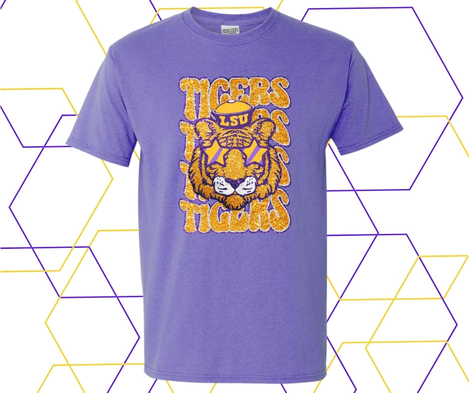 Tigers Stacked Mascot Faux Glitter Graphic Tee