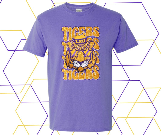 Tigers Stacked Mascot Faux Glitter Graphic Tee