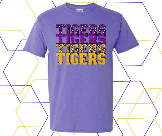Tigers Purple/Gold Faux Glitter Stacked Graphic Tee