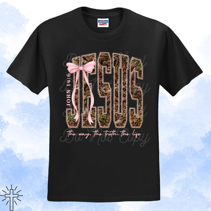 Girly Leopard and Camo Jesus John 14:6 Tee