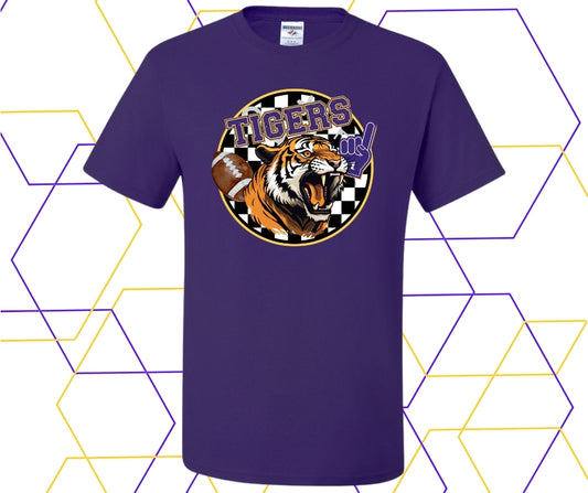 Purple/Gold Tigers Football Checkered Background Graphic Tee
