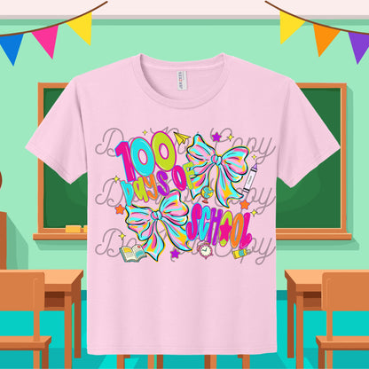 Girly Bright and Fun 100 Days of School Coquette Bow Tee