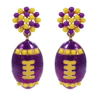 Beaded Post Earring with Purple Enamel Football