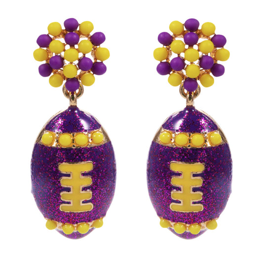 Beaded Post Earring with Purple Enamel Football