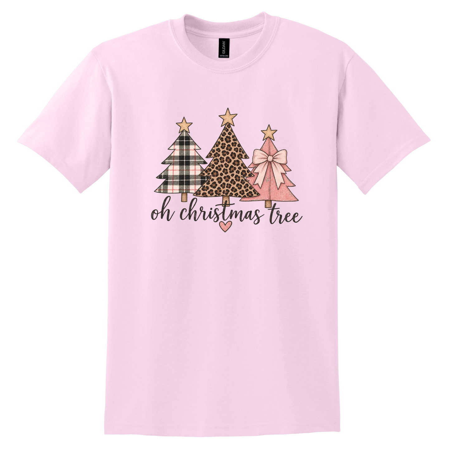 Oh Christmas Tree – Plaid, Leopard & Pink Bow Christmas Tee