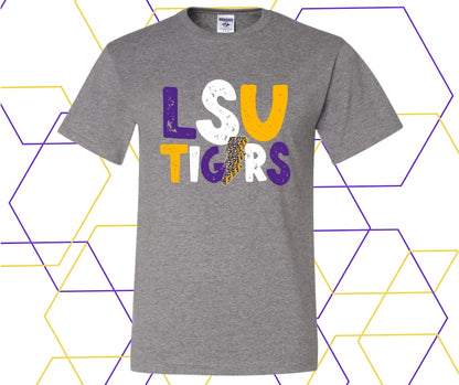Purple/Gold Tigers Distressed Leopard Lightning Bolt Graphic Tee