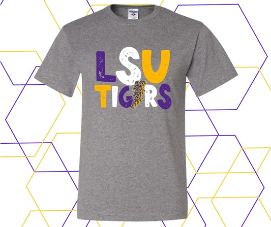 Purple/Gold Tigers Distressed Leopard Lightning Bolt Graphic Tee