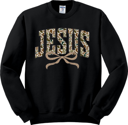 Jesus Distressed Camo Coquette Sweatshirt