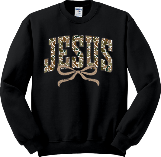 Jesus Distressed Camo Coquette Sweatshirt