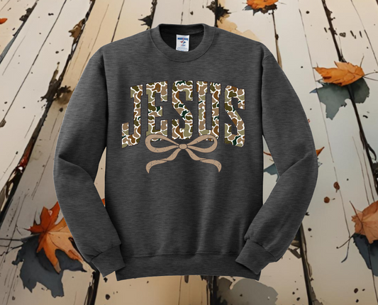 Jesus Distressed Camo Coquette Sweatshirt