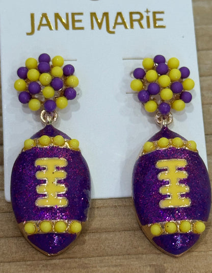 Beaded Post Earring with Purple Enamel Football
