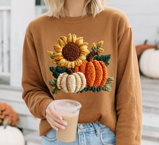 Fall Sunflower Pumpkin Faux Yarn Sweater