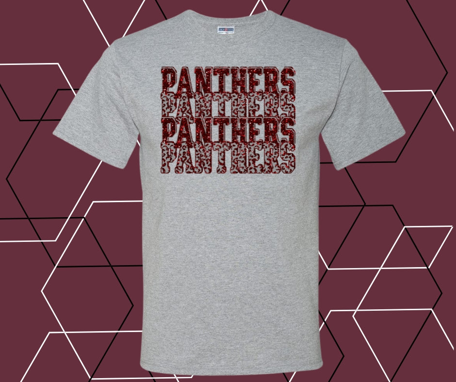 Panther Faux Glitter Stacked Maroon Graphic Tee