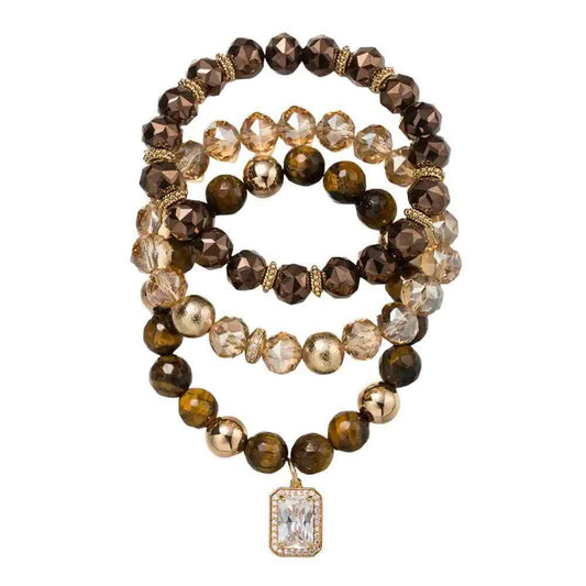 Set of 3 Agate, Faceted Beaded Bracelet w/ Clear Crystal Cha