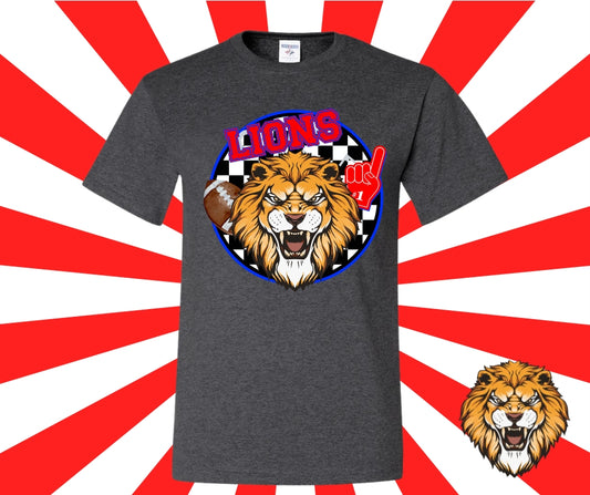 Lions Football Mascot Checkered Background Graphic Tee